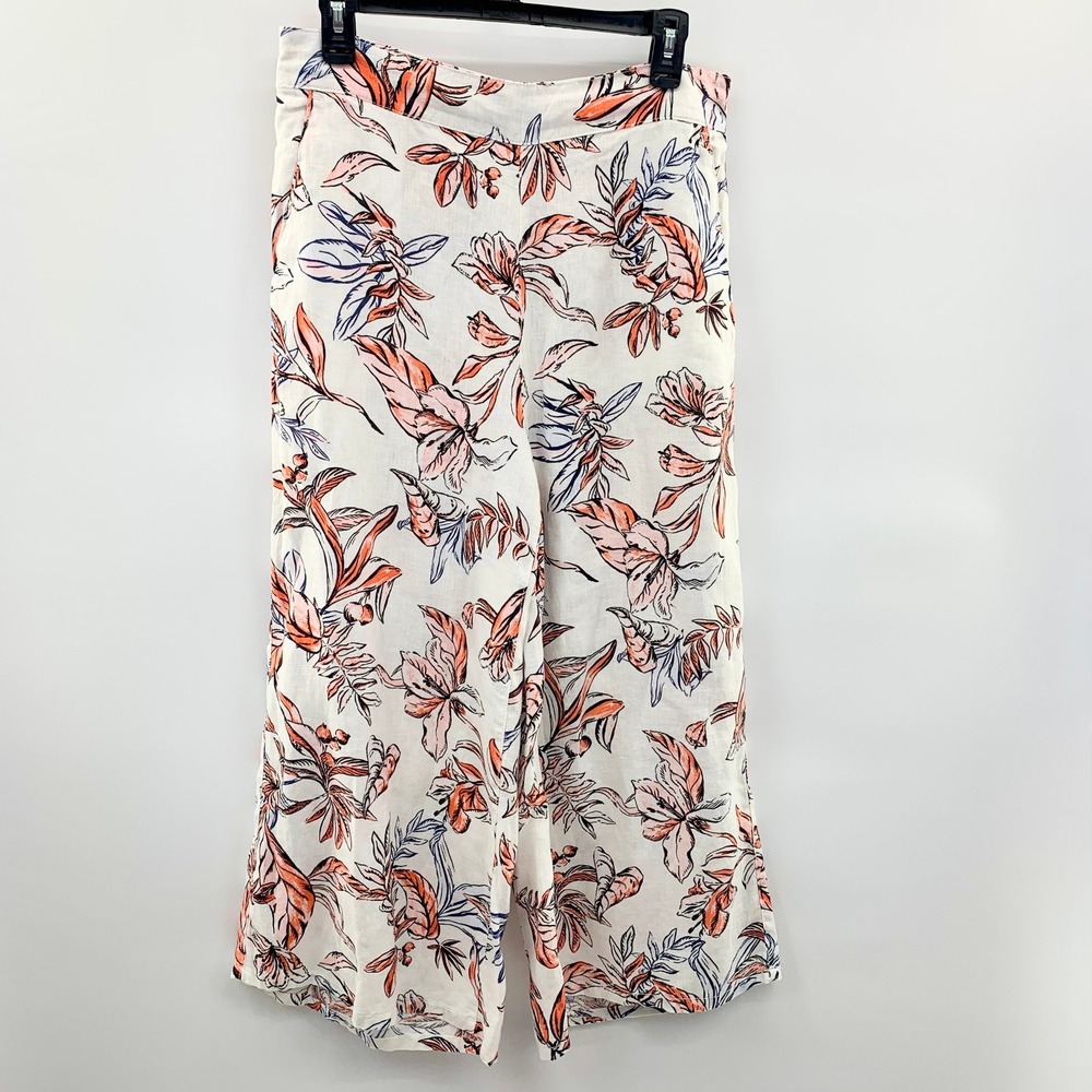 Tahari Linen Wide Leg Pants Womens L White Coral Tropical Floral Elastic Back